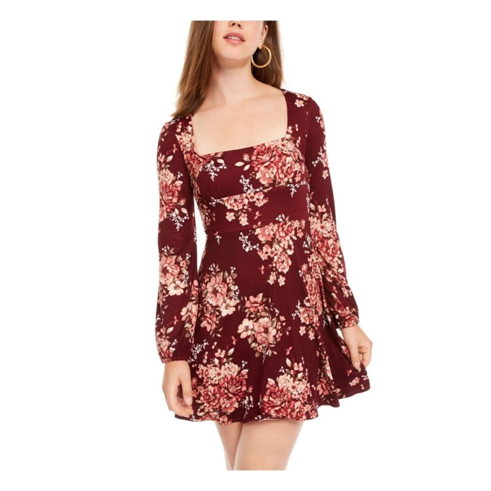 B DARLIN Womens Fit + Flare Short Dress Burgundy Long Sleeve Juniors 1\2